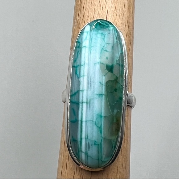 New Green Enhanced Botswana Dragon Vein Agate Stone Silver Overlay Ring Size 8.5 - Picture 10 of 10